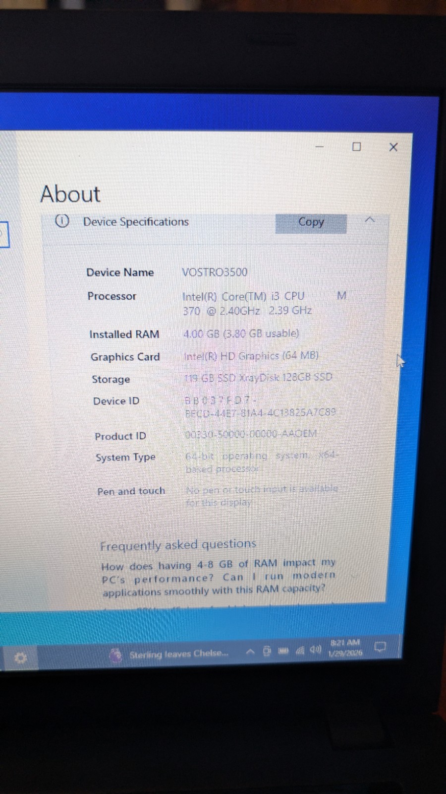DELL VOSTRO 3500 PC LAPTOP INTEL CORE I3 M370 2.4ghz 4GB 120GB SSD WIN 10 PRO