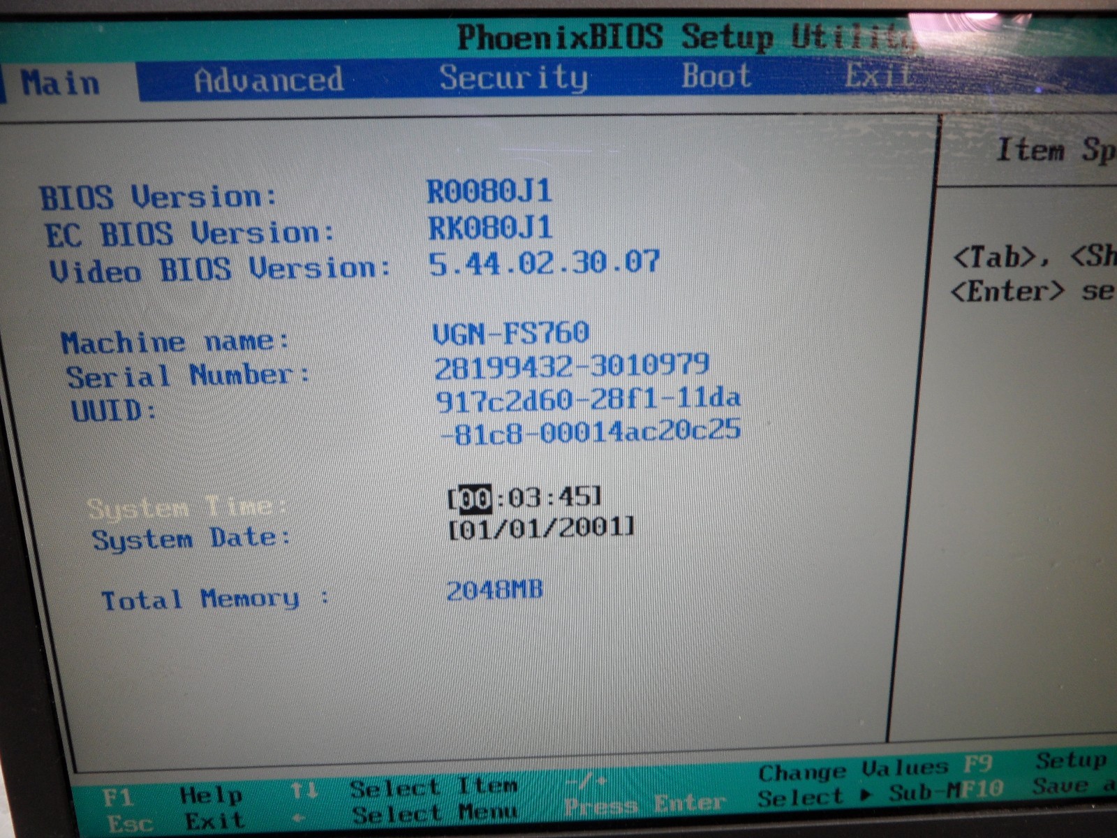 Sony Vaio PCG-7D2L VGN-FS760/W Parts Laptop 1.86 Ghz 2Gb No HD Posted To Bios
