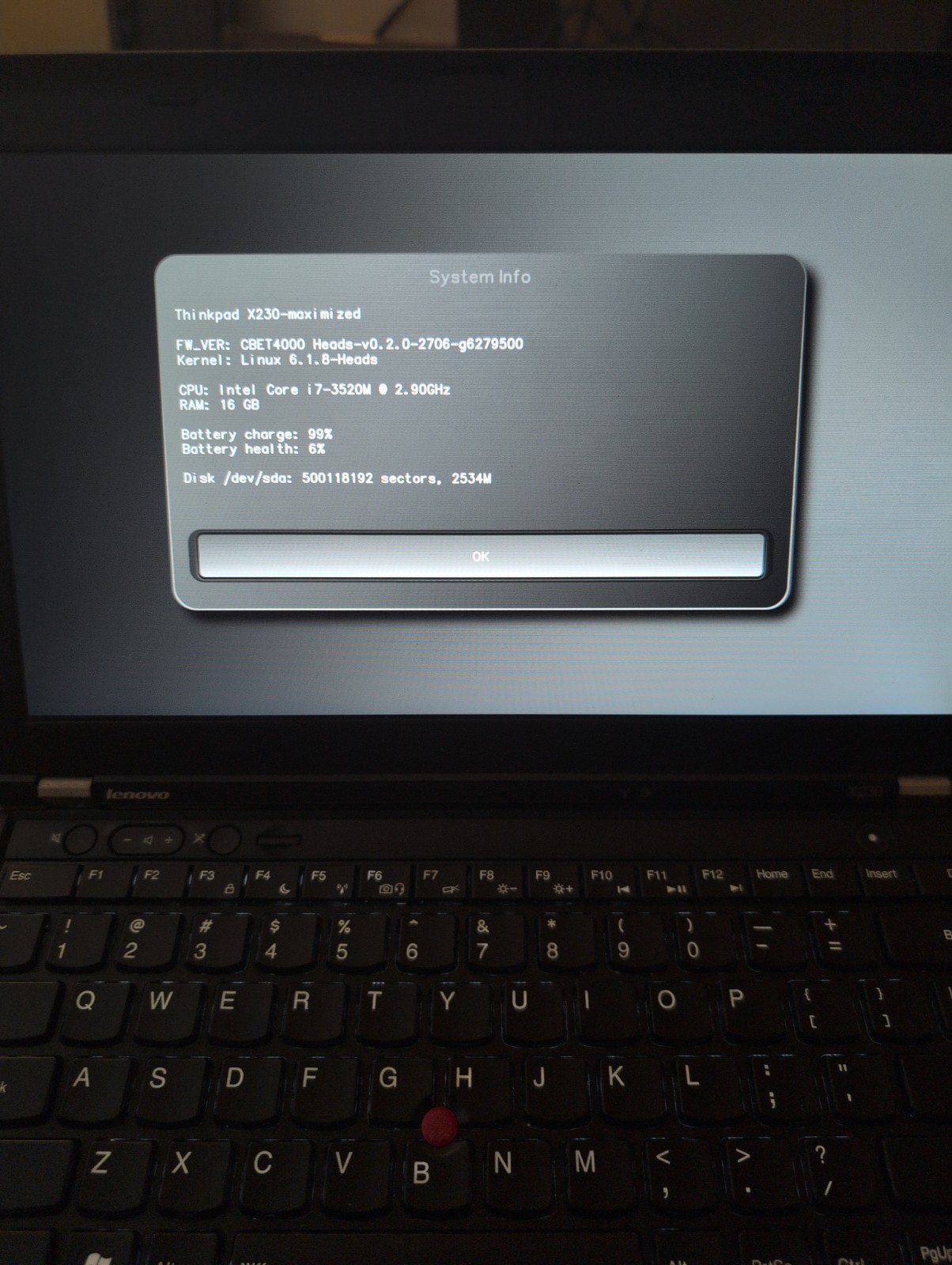 Heads/coreboot QubesOS Lenovo Thinkpad X230 Intel i7-3520m 16GB RAM 256GB mSata