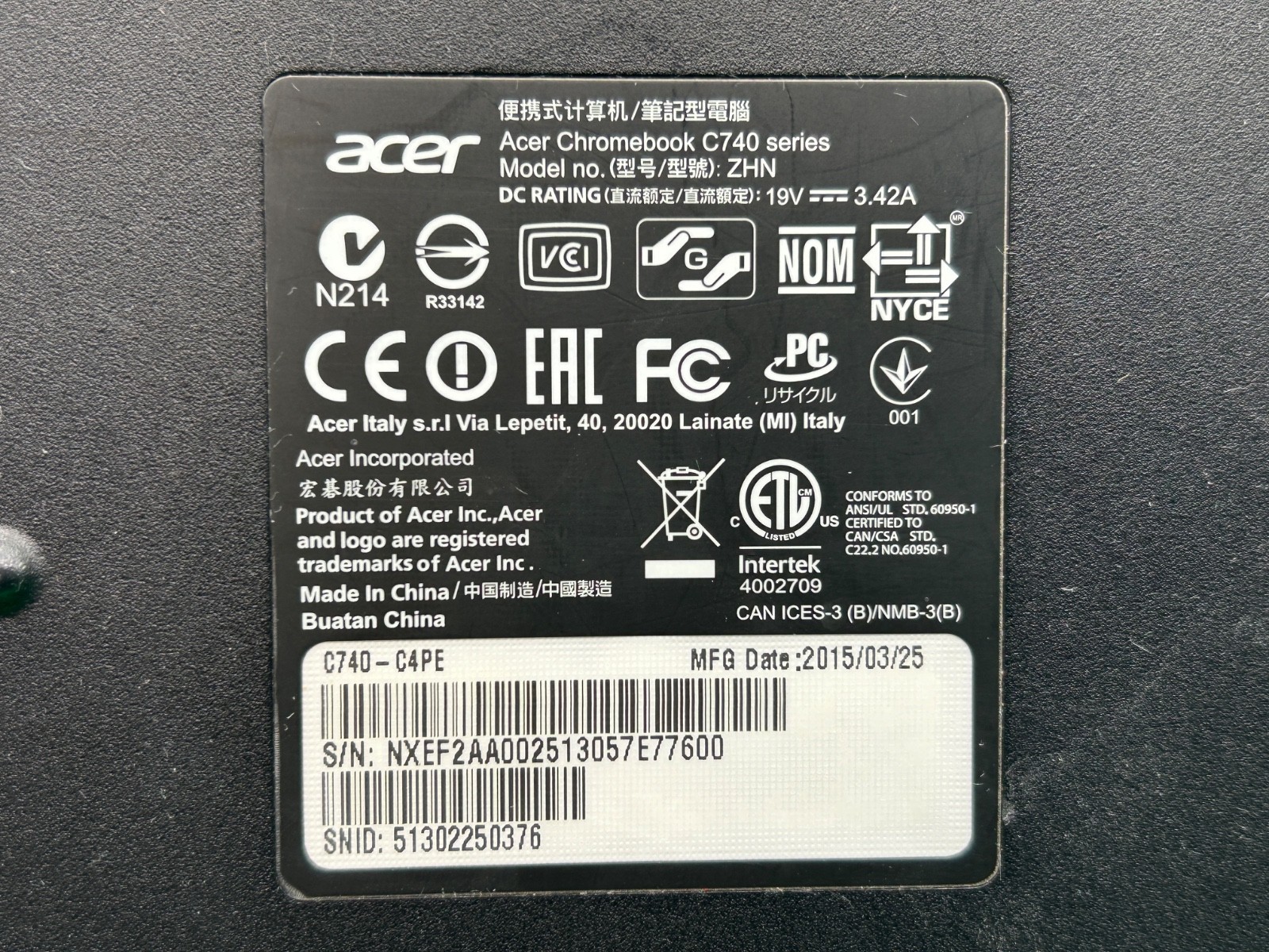 Acer Chromebook C740-C4PE 11.6″ Intel Celeron N2955 4 GB RAM 16 GB eMMC