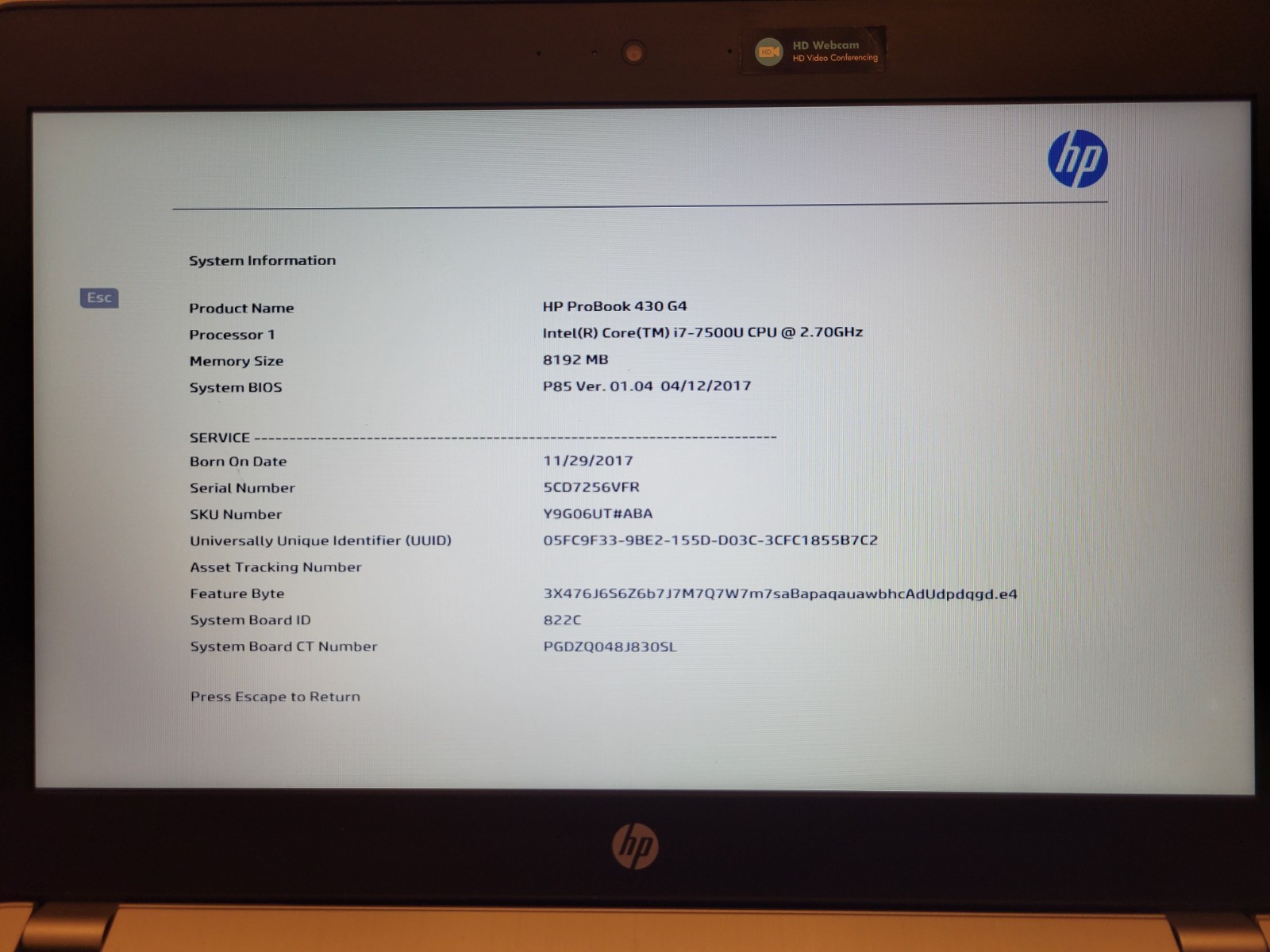 HP PROBOOK 430 G4 Intel Core i7-7500U @2.70GHz – 8GB RAM – No HDD/OS