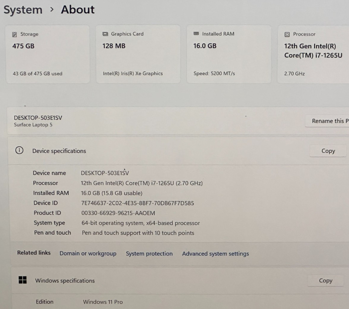 MICROSOFT SURFACE 5 LAPTOP CORE i7-1265u @ 1.30 GHZ 16GB RAM 475GB SSD (lp667)
