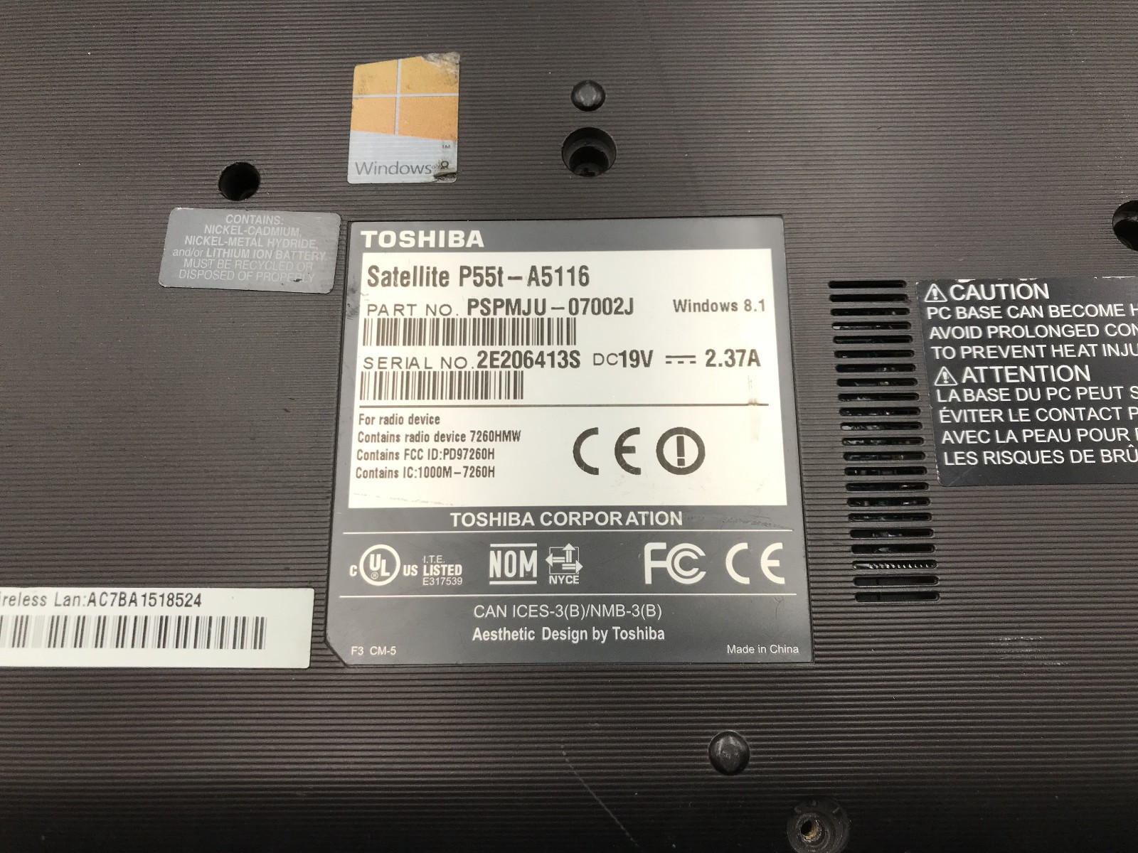 TOSHIBA SATELLITE P55T A5116 -FOR PARTS/REPAIR- INTEL I5 4200U – NO RAM -READ-BB