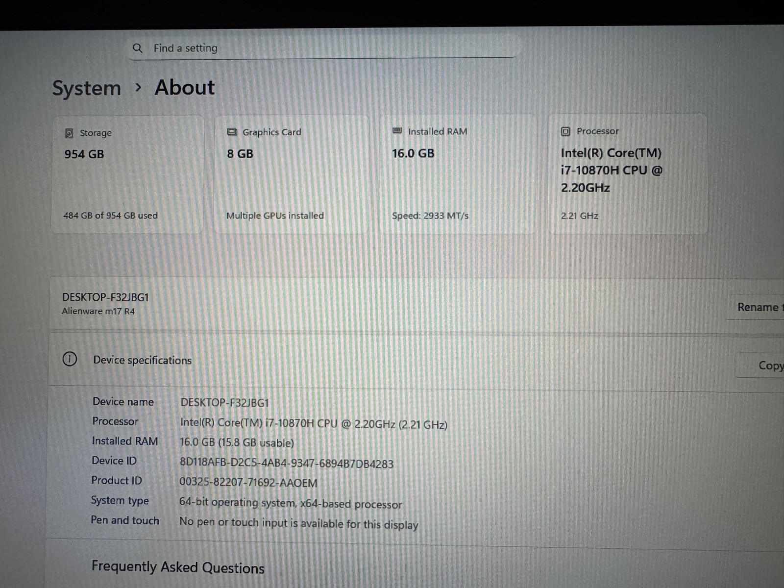 2021 17.3″ Alienware M17 R4, i7-109870H, 16GB, 1TB SSD, NVIDIA RTX 3070