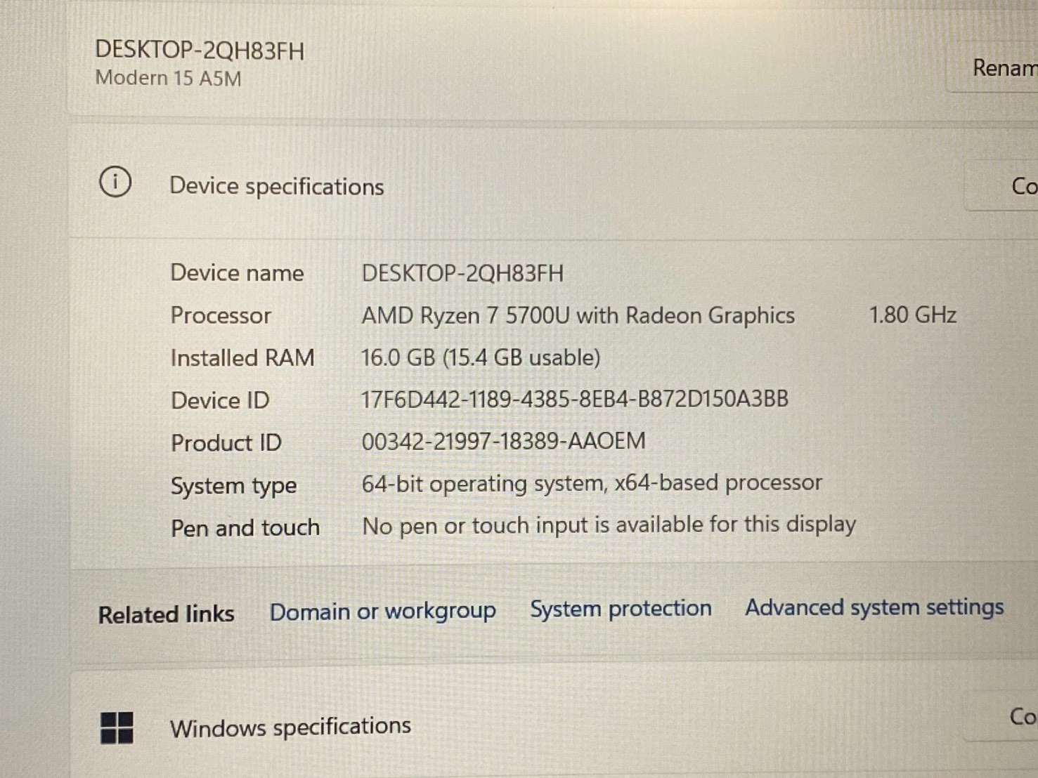 MSI Modern 15 AMD Ryzen 7 5700U (1.80GHz) 16GB RAM 512 GB SSD