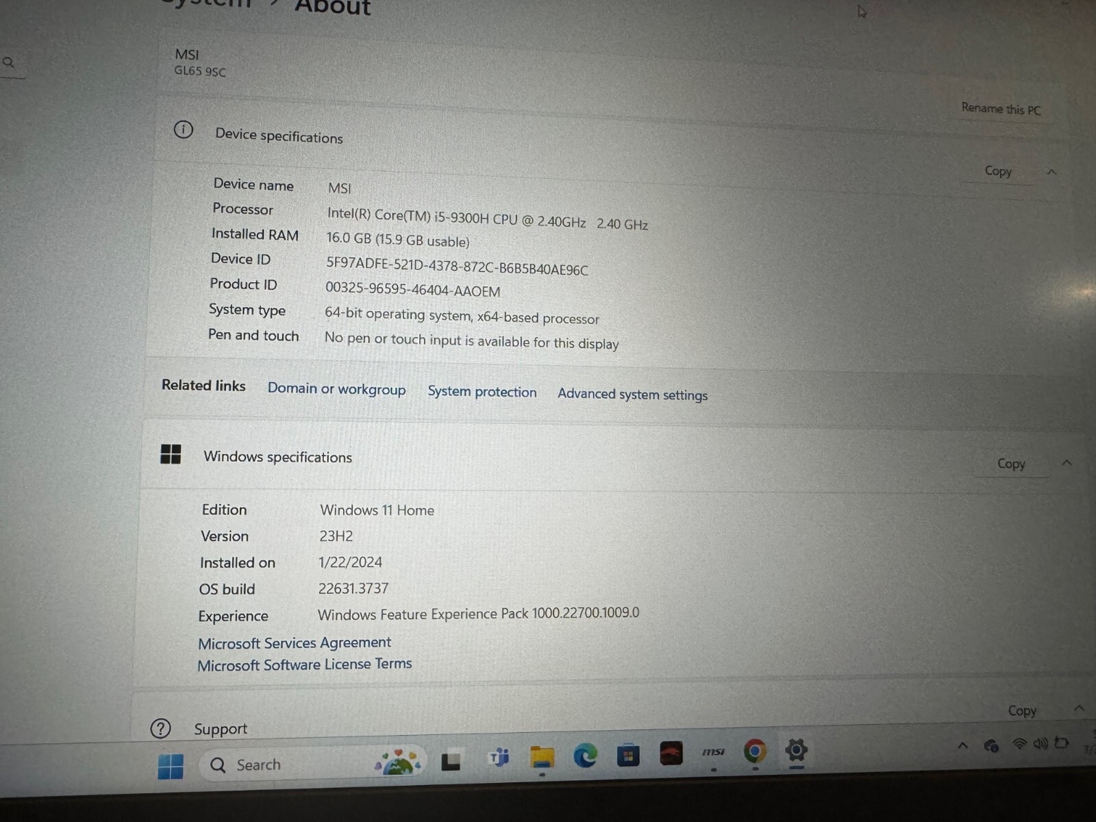 MSI Gaming laptop, i5 -9300H, 2.40GH, GL65 9SC 16GB 64-bit OS Windows 11