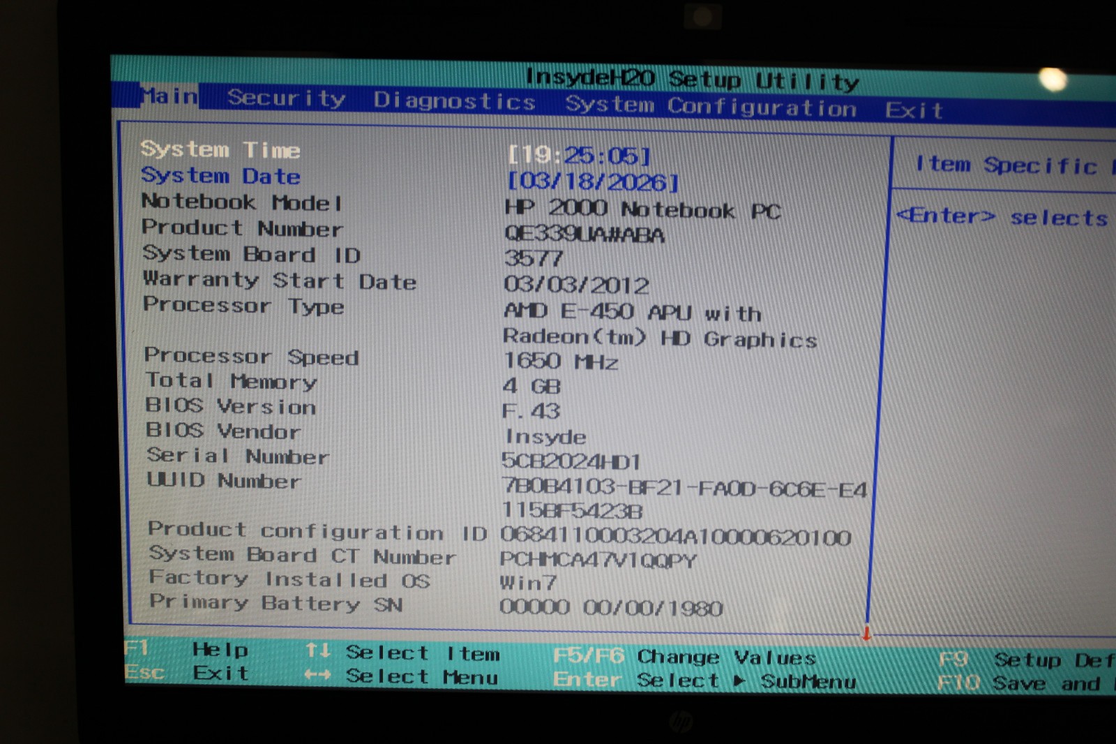 HP 2000-369WM _ AMD E-450 @ 1.65 GHz _ 4GB RAM _ No SSD / OS