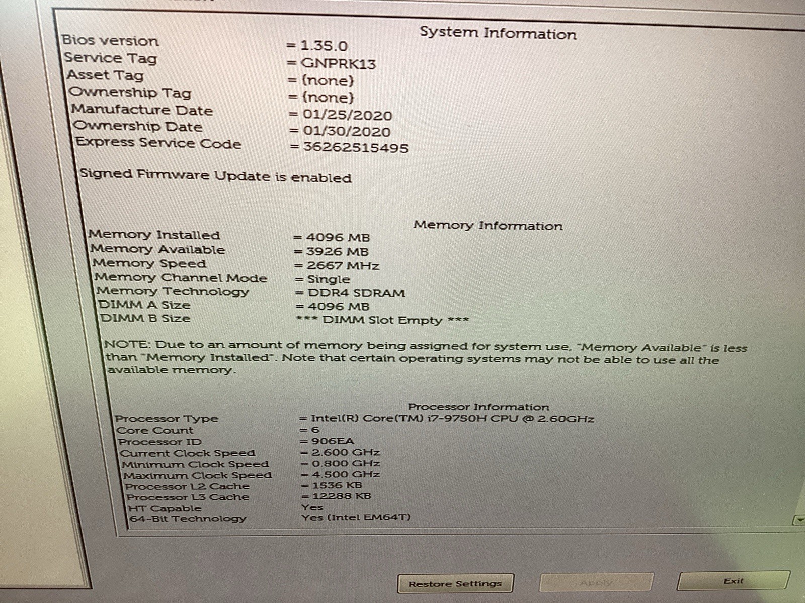 Dell XPS 15 7590 – Intel i7 9750H – NO SSD – POWERS ON – UNTESTED