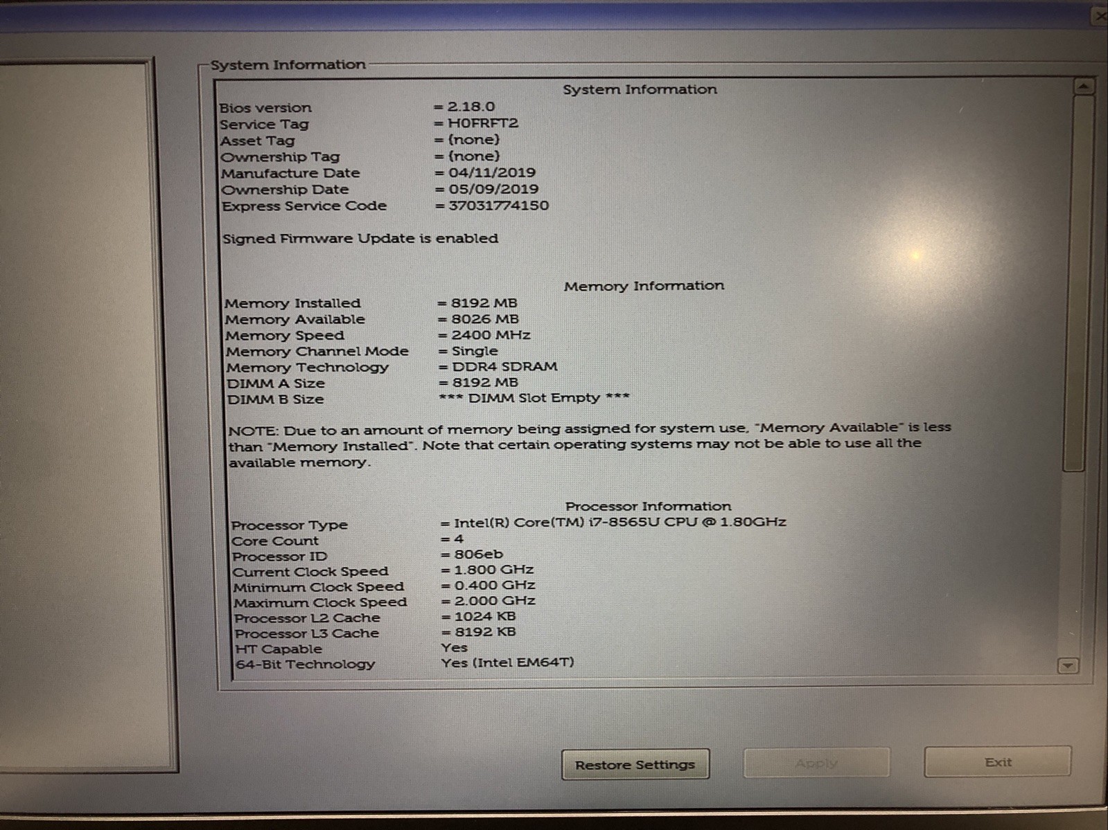 Dell Vostro 5581, Intel Core i7-8565U @1.80GHz, Nvidia MX130, 8GB RAM, NO SSD/OS