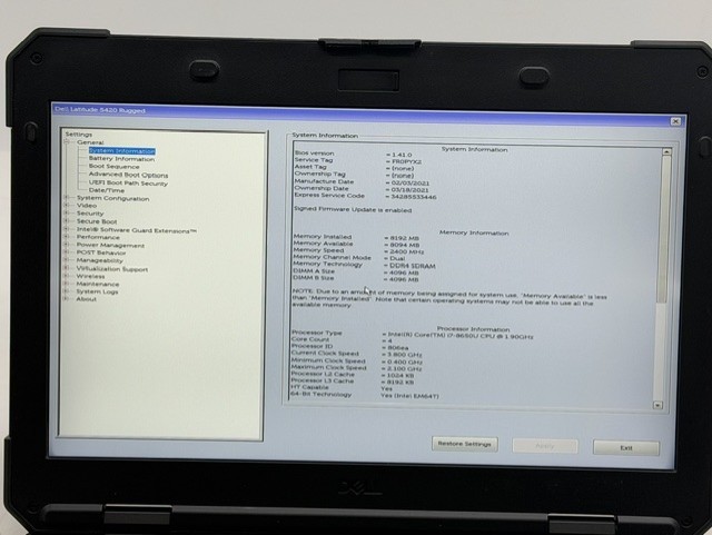 Dell Latitude 5420 Rugged Intel i7-8650U 256GB SSD 8GB DDR4 Windows 10 Pro