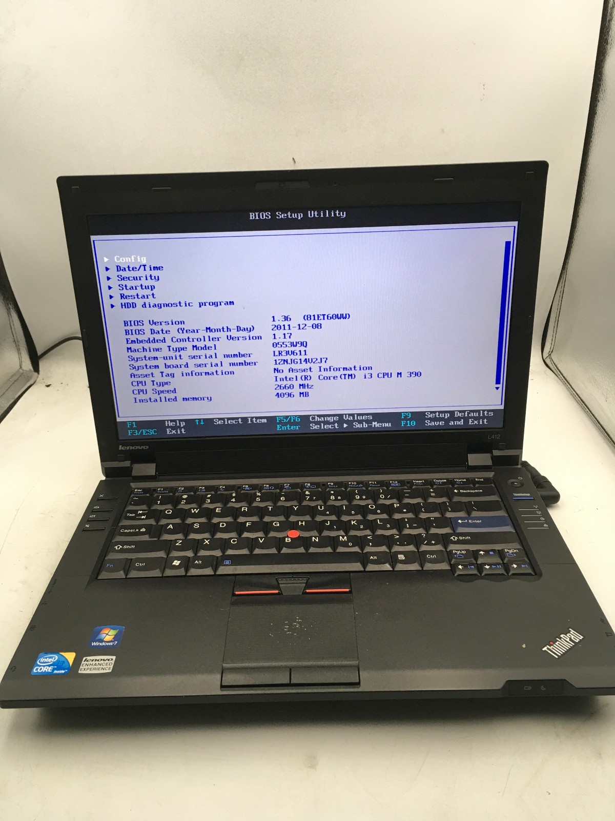LENOVO THINKPAD L412 -BOOTS TO BIOS/BIOS LOCK- INTEL I3 M390 – 4GB RAM – READ-BB