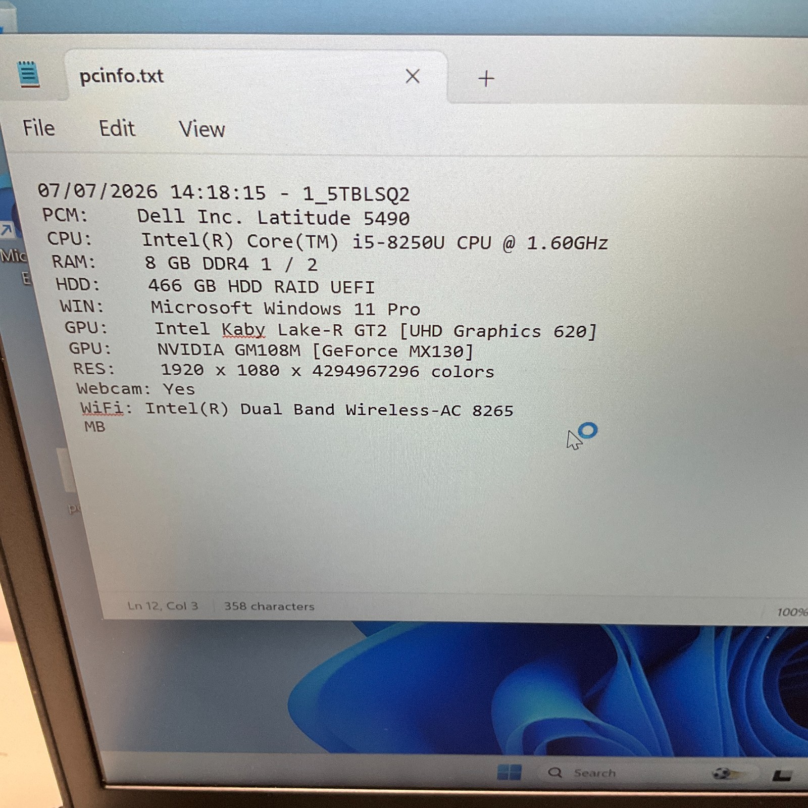 Dell Latitude 5490 14″ Intel i5-8350U 1.7GHz 8GB 500GB HDD Win 11 Pro NO BATT