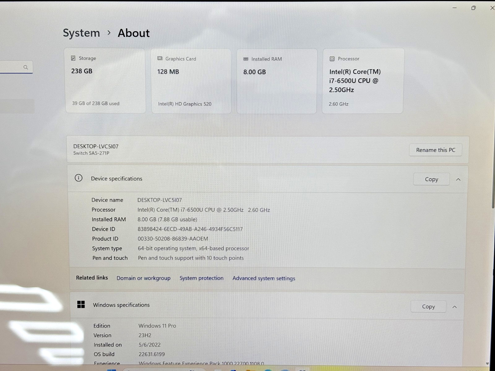 Acer Switch SA5-271P Intel i7-6th Gen 2.50GHz 8GB RAM 256GB SSD Windows 11 Pro*