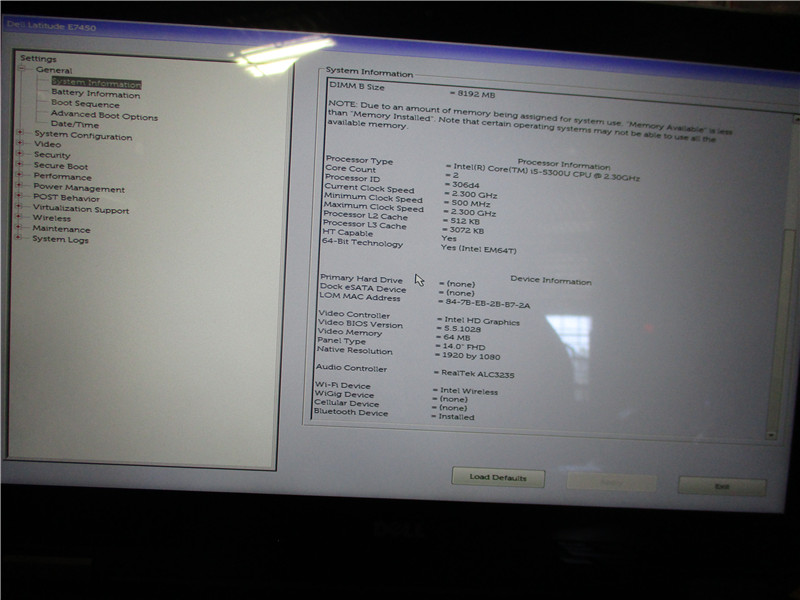 Dell Latitude E7450 Laptop i5-5300U 2.3GHz 8GB RAM No HDD Windows 10 COA
