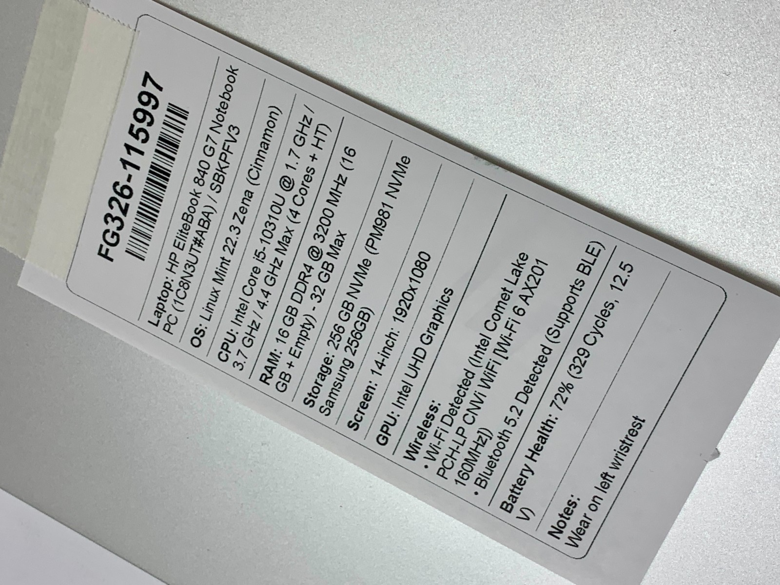 HP EliteBook 840 G7 | i5-10310U | 16GB RAM | 256GB NVMe | WEAR WRISTREST