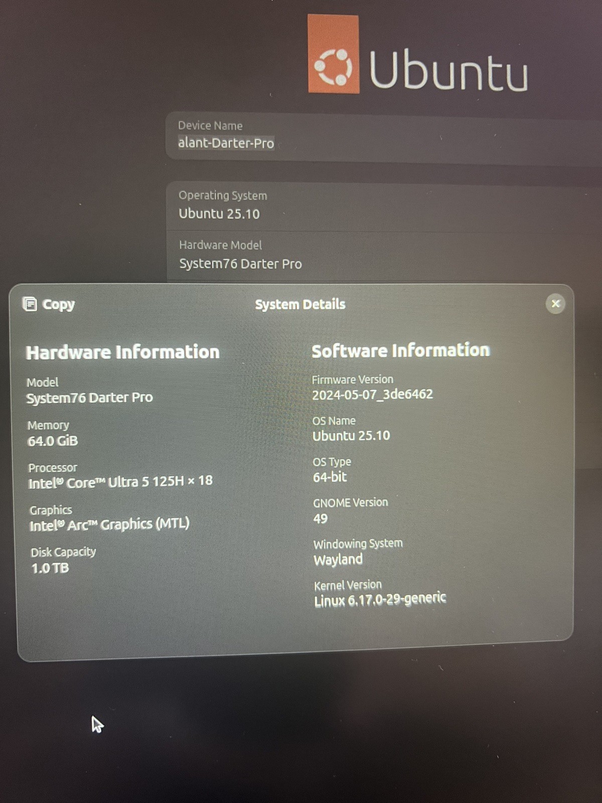 16” System76 Darter Pro (darp10) Intel Ultra 5 125Hx18 64GB RAM 1TB SSD