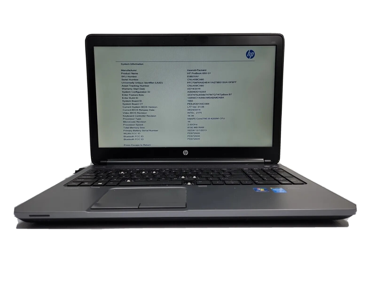 HP PROBOOK 650 G1 15.6” ~ i5-4200M 2.5Ghz ~ 8GB ~ NO HDD READ #F3