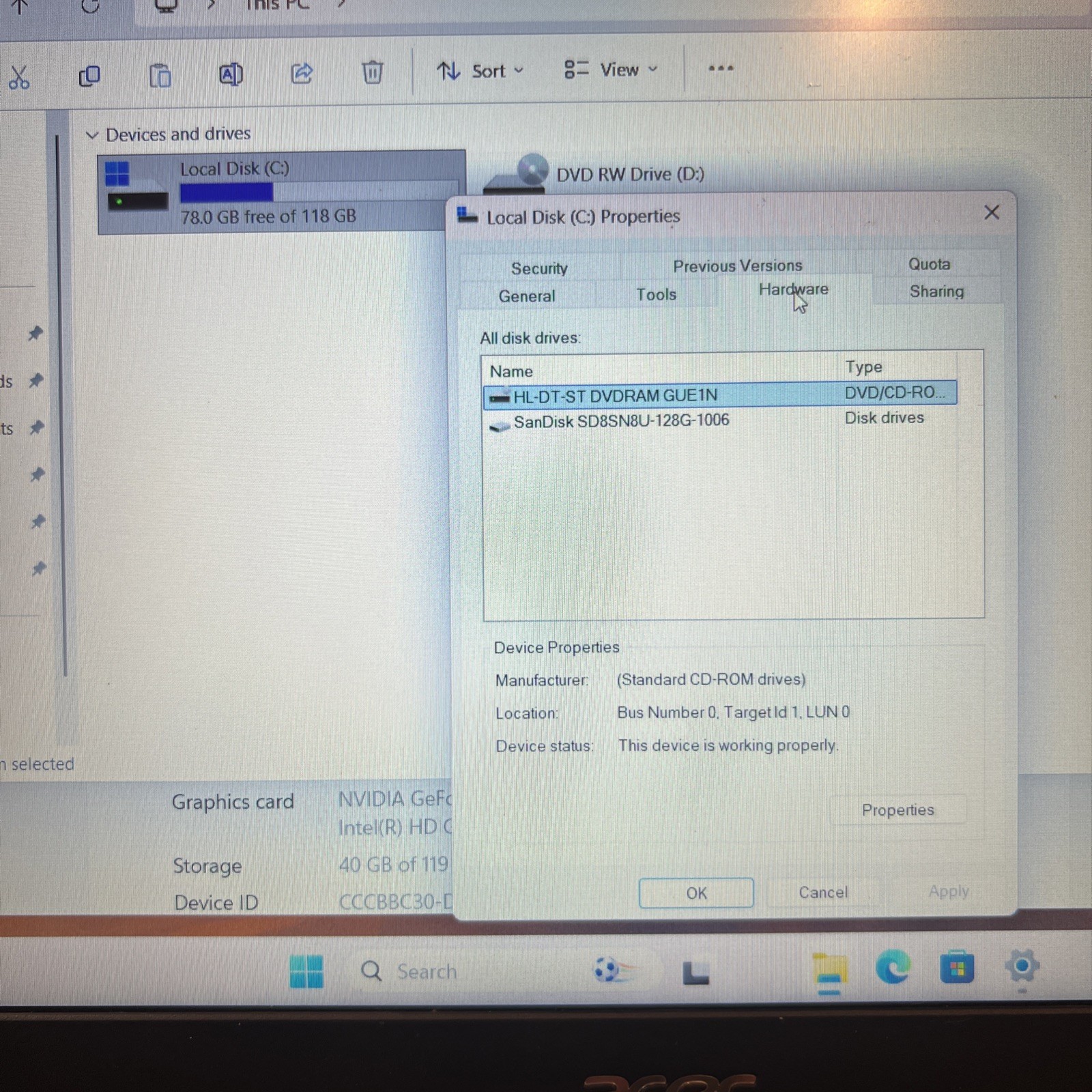 Acer Aspire E5-575G 128GB SSD, I5-7200U, 8GB, Nvidia GeForce 940MX 2GB