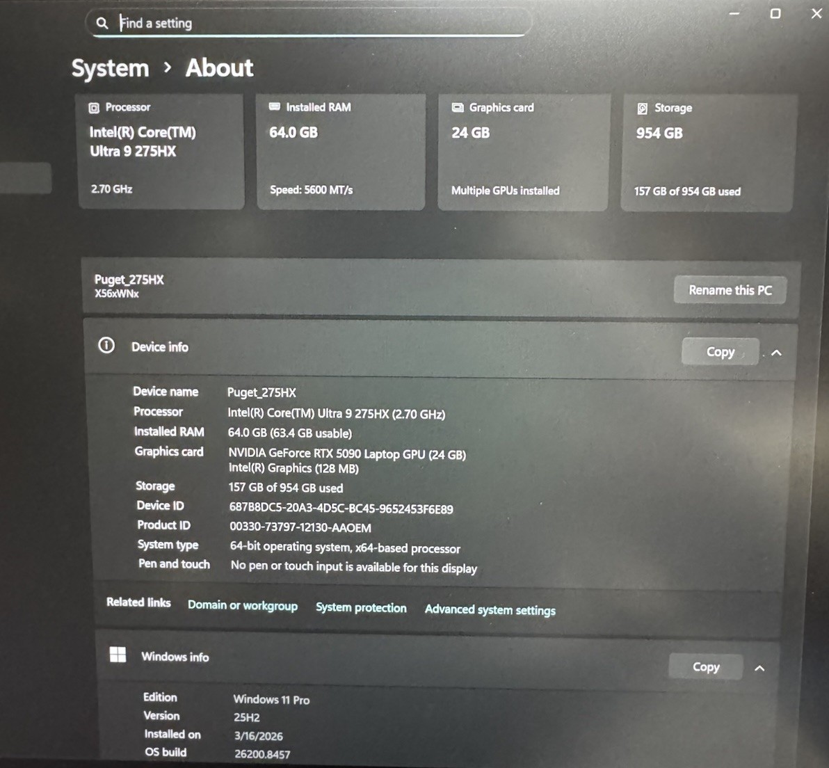 Puget Mobile Core Ultra C160-G | 275HX | RTX 5090 | 64GB DDR5 | 1TB Gen5 SSD
