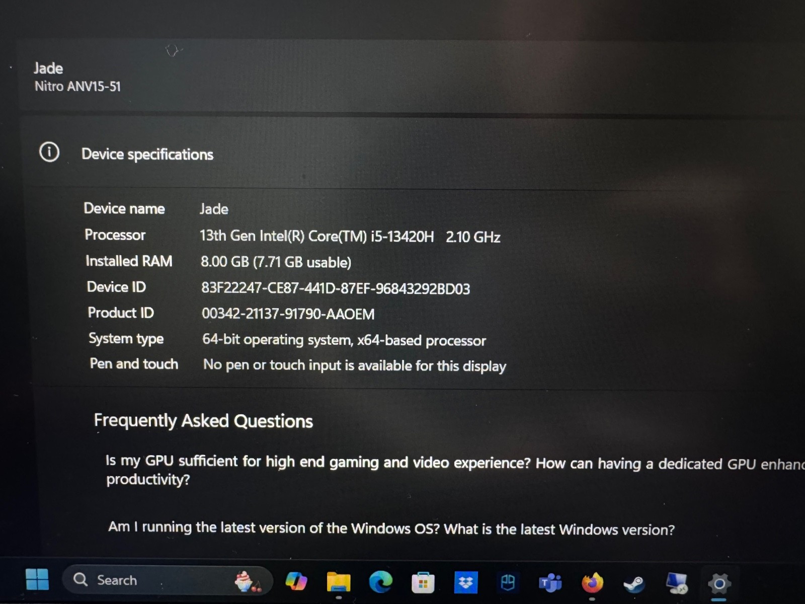 Acer ANV15-51, 13th Gen Intel i5-13420H 2.10 GHZ CPU, 8Gb RAM, Nvidia RTX 3050