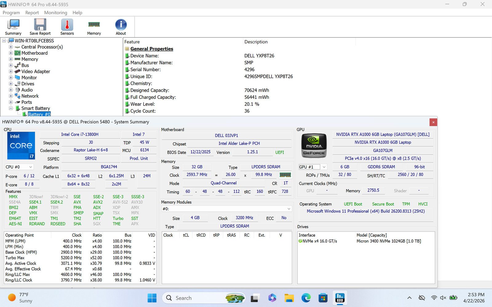 Dell Precision 5480 14″ Touch I7-13800H 1TB 32GB W11P RTX A1000 GPU Backlit FPR