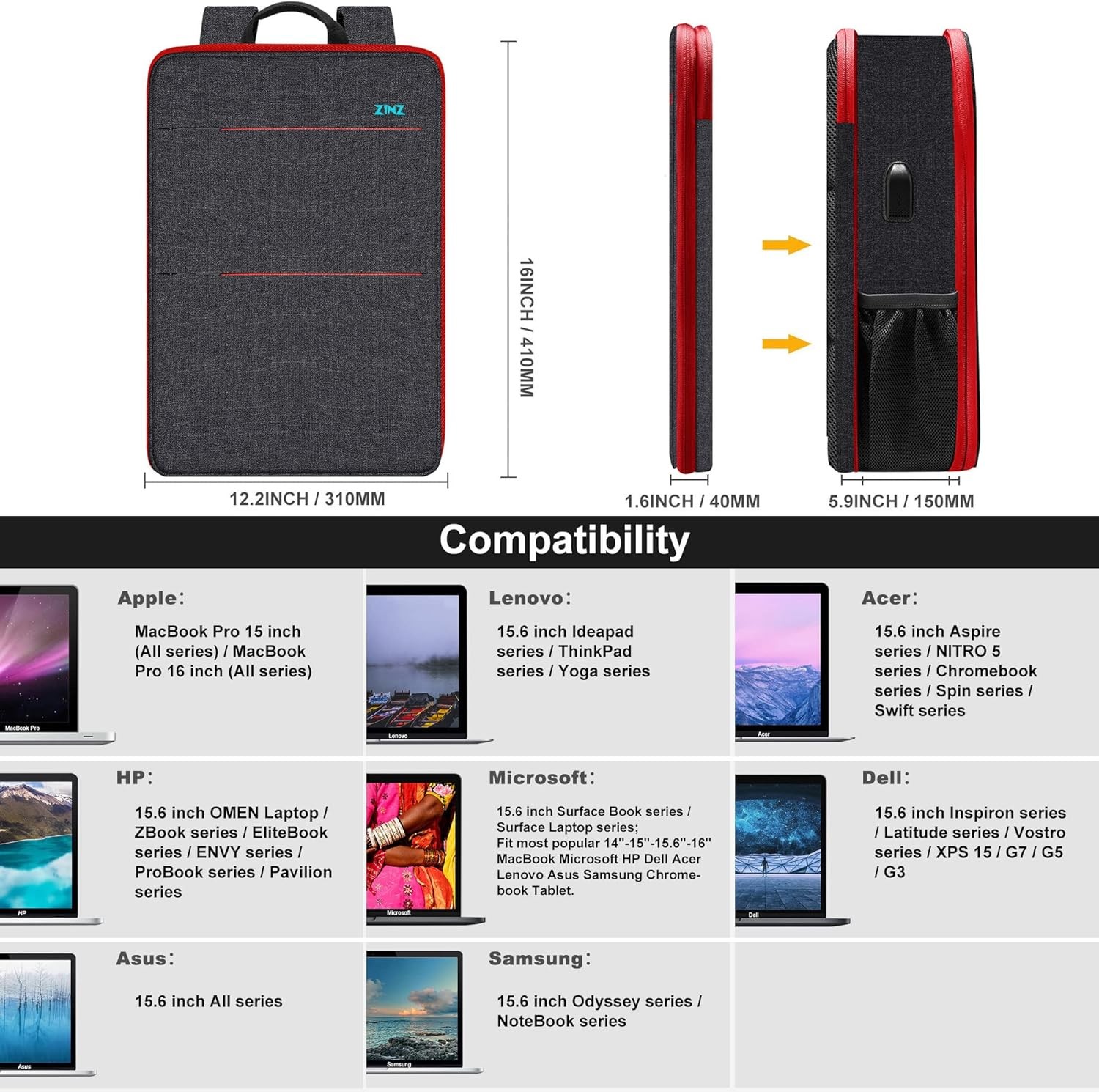 Slim & Expandable Laptop Backpack 15 15.6 16 Inch Case, Water Resistant Travel B