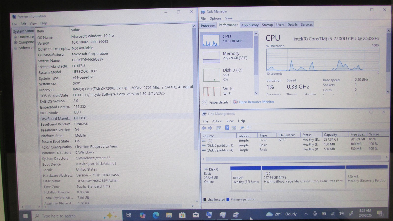Fujitsu Lifebook T937 i5-7200U 2.5GHz 8GB RAM 256GB m.2 13.3″ Win 10 Pro Touch