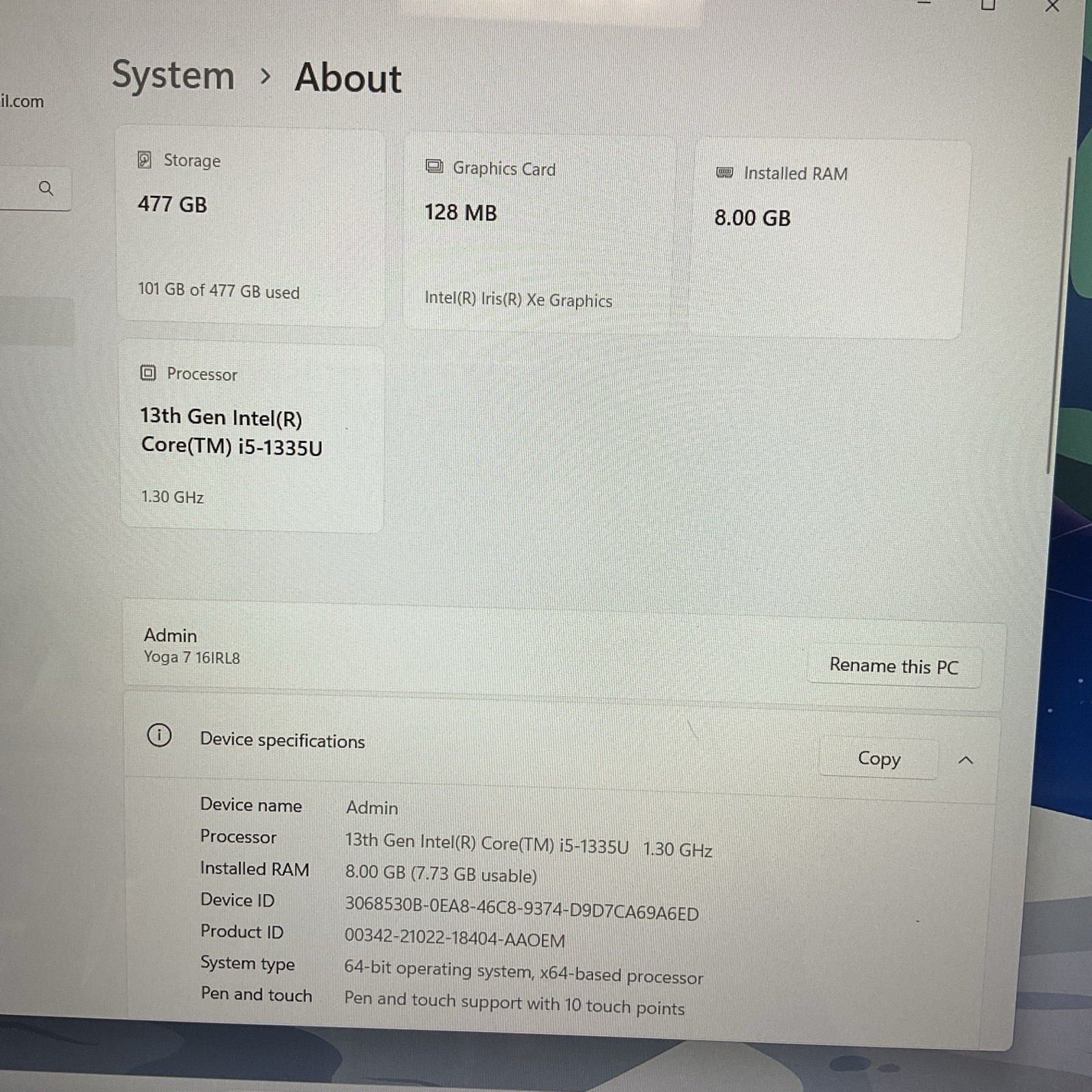 Lenovo Yoga 7i Laptop 13th Gen Intel i5-1335U @ 1.30 GHz 8GB RAM 512GB Iris Xe