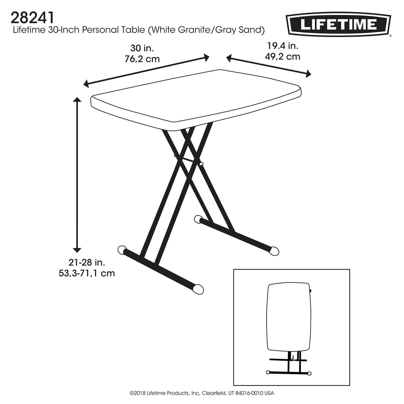 Lifetime 28241 Adjustable Folding Laptop Table TV Tray 30″ White Granite