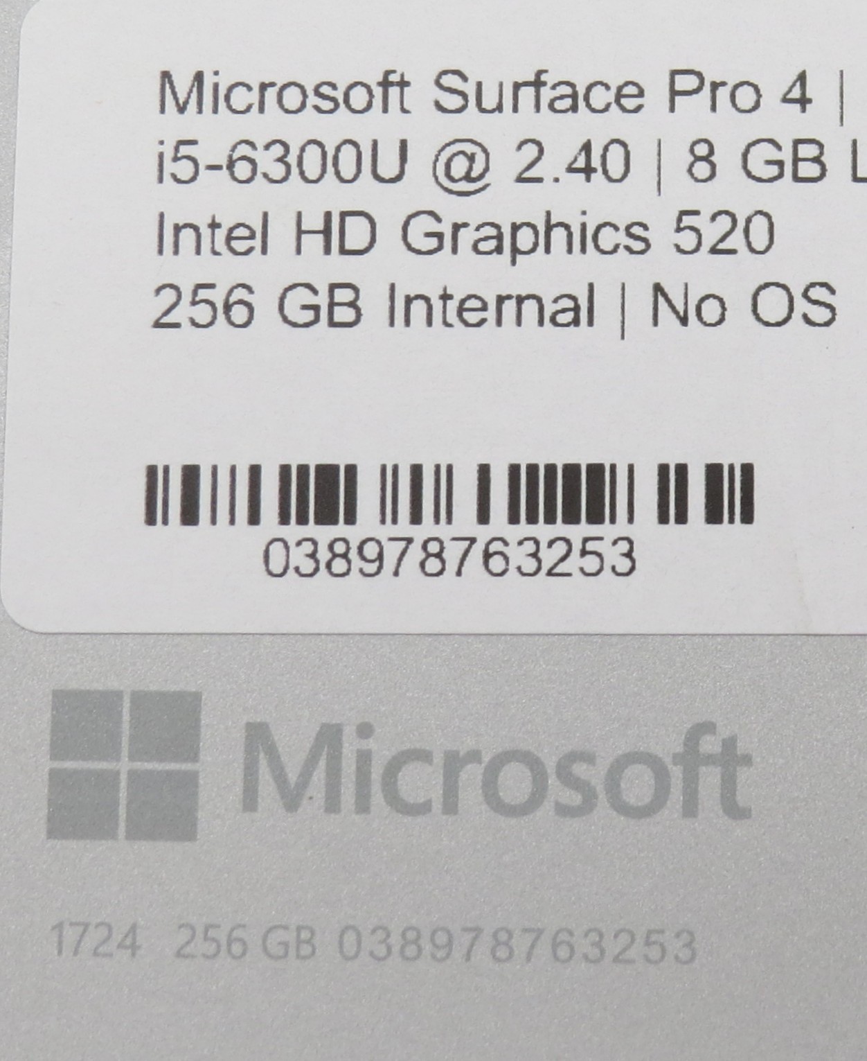 Microsoft Surface Pro 4 i5-6300U@2.4GHz 8GB RAM 12″ 256GB HD No OS/AC