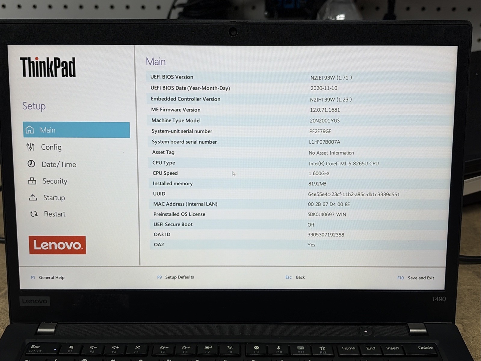 Lenovo ThinkPad T490 14″ FHD i5-8250U 8GB RAM No Battery/OS/SSD