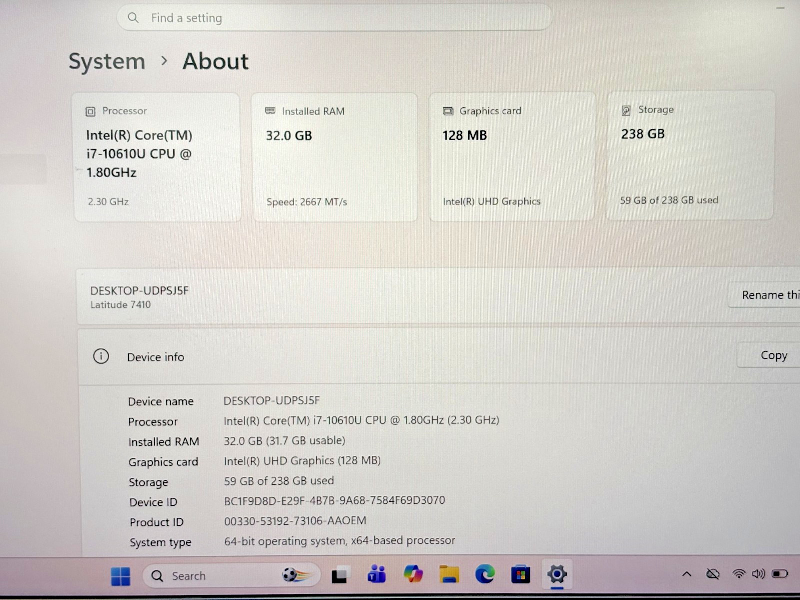 Dell Latitude 7410 Intel i7-10th Gen 1.80GHz 32GB RAM 256GB SSD Windows 11 Pro*