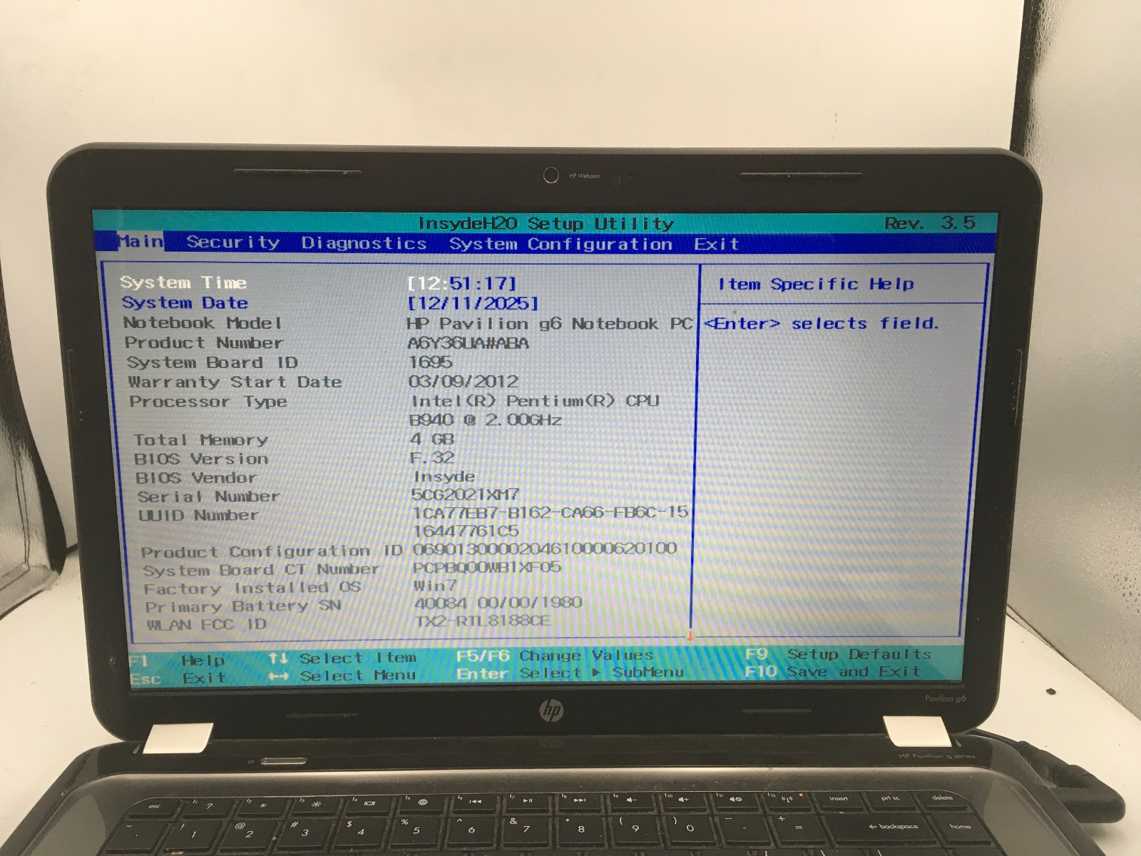 HP PAVILION G6 1D16DX – BOOTS TO BIOS – INTEL PENTIUM B940 – 4GB RAM – READ – BB