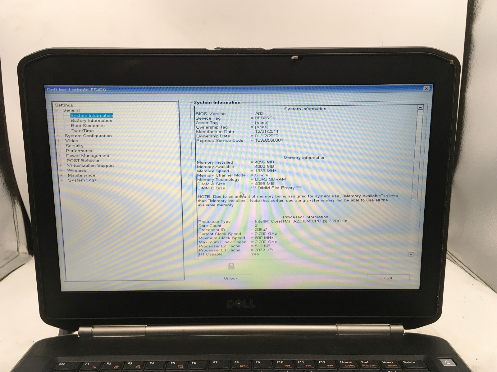 DELL LATITUDE E5420 – BOOTS TO BIOS/LOCKED – INTEL I3 2330M – NO RAM -READ- BB