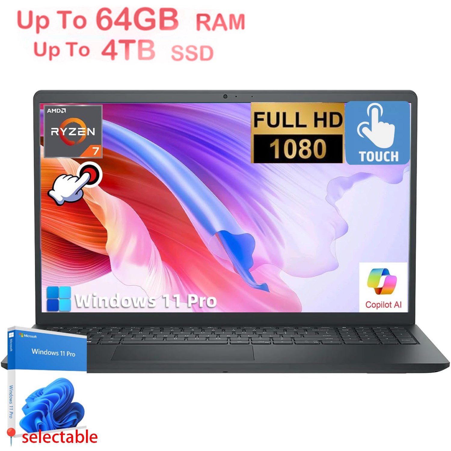 Dell Inspiron 15.6″Touch Laptop,8Core AMD Ryzen 7 7730U,UpTo 64GB 4TB SSD W11P