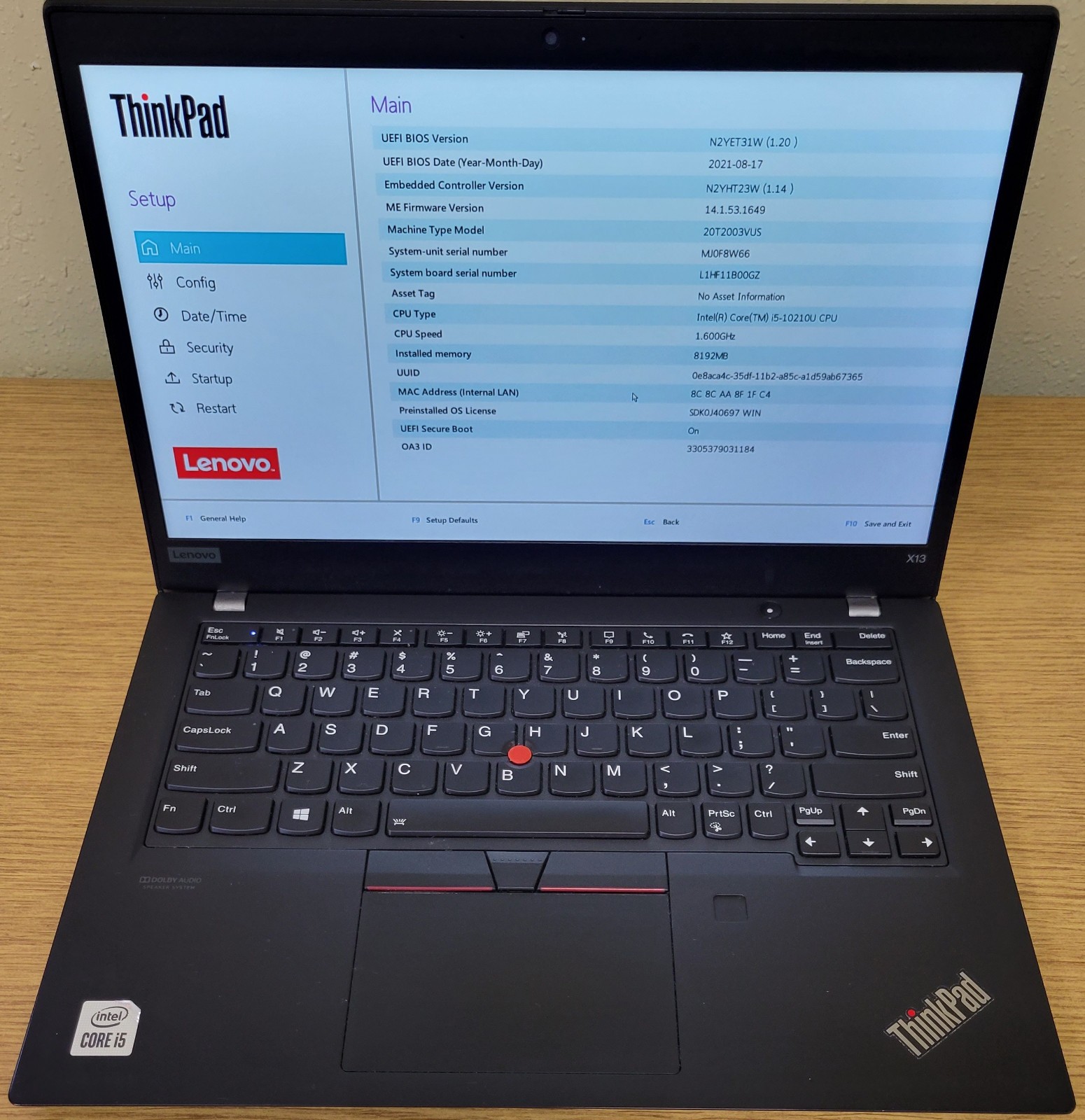 Lenovo ThinkPad X13 Gen1 i5-10210U 1.60GHz 8GB 256GB NVMe No OS