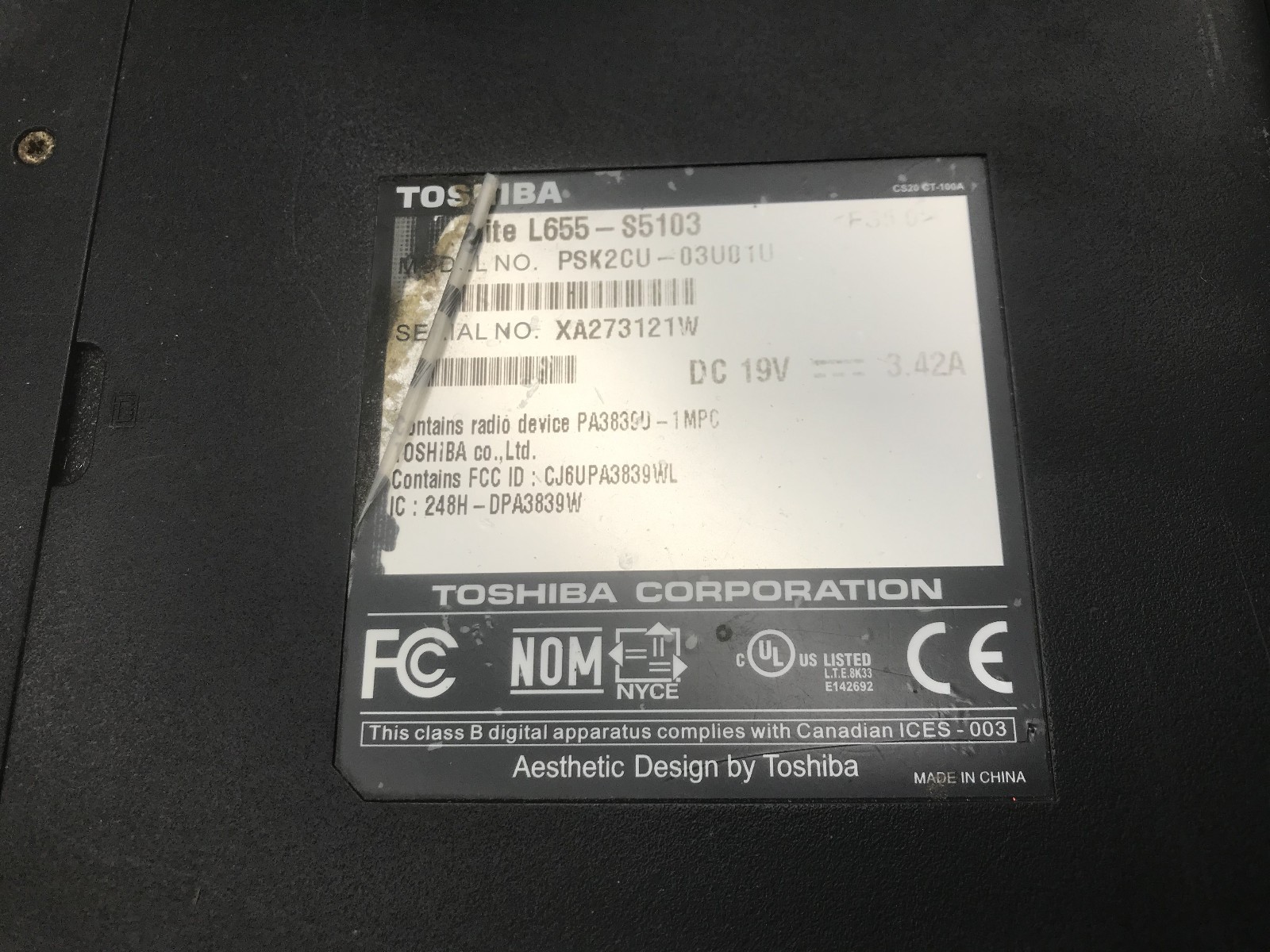 TOSHIBA SATELLITE L655 S5103 -FOR PARTS/BAD LCD- INTEL I3 370M – NO RAM -READ-BB