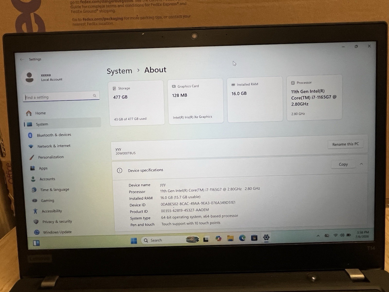 Lenovo ThinkPad T14 Gen 2 14 500SSD Intel Core i7-1165G7 2.8GHz 16GB Touchscreen