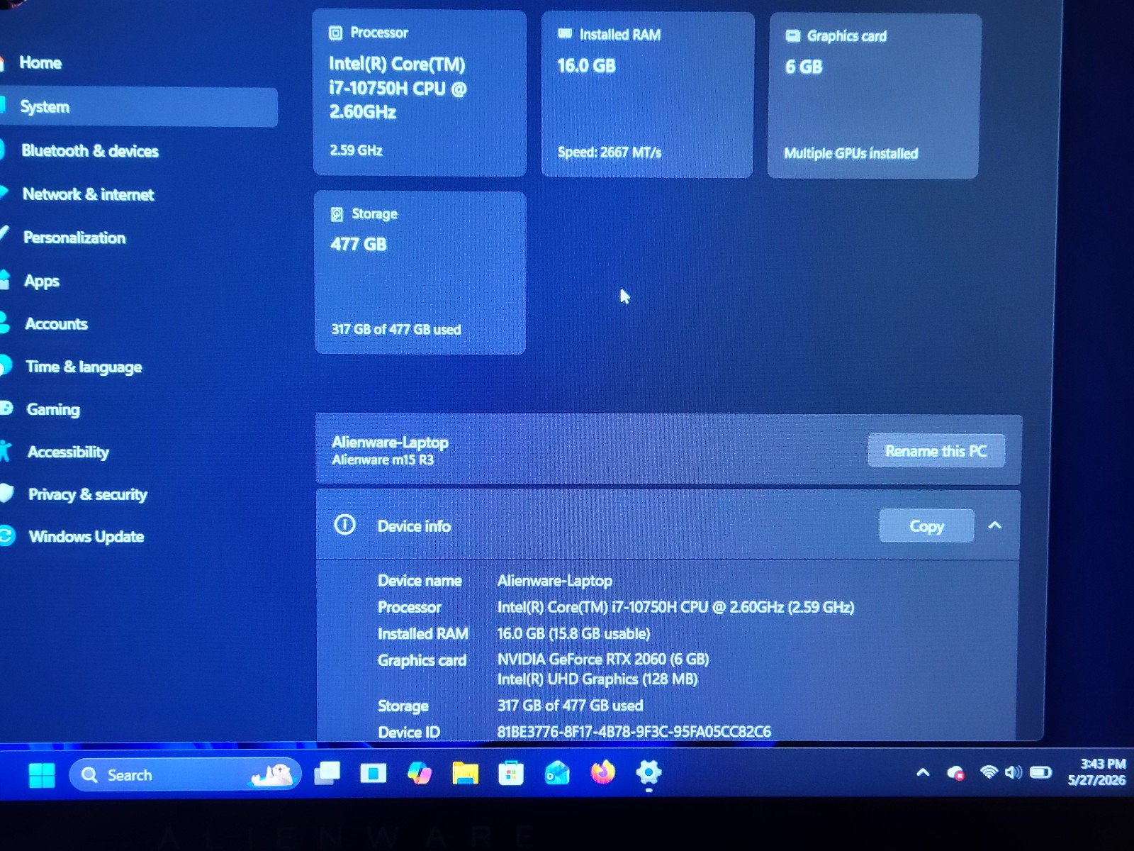 Alienware m15 R3 i7-10750h RTX 2060 16GB RAM 512GB Storage 144Hz Gaming Laptop