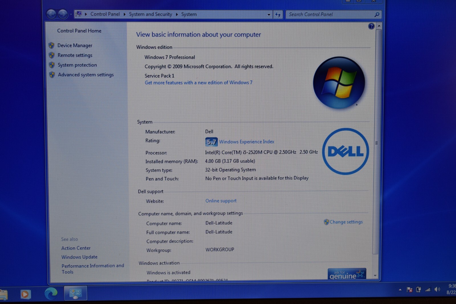 Dell Latitude E6520 Intel Core i5-2520M 4GB RAM 500GB HDD Windows 7 Pro 32-bit