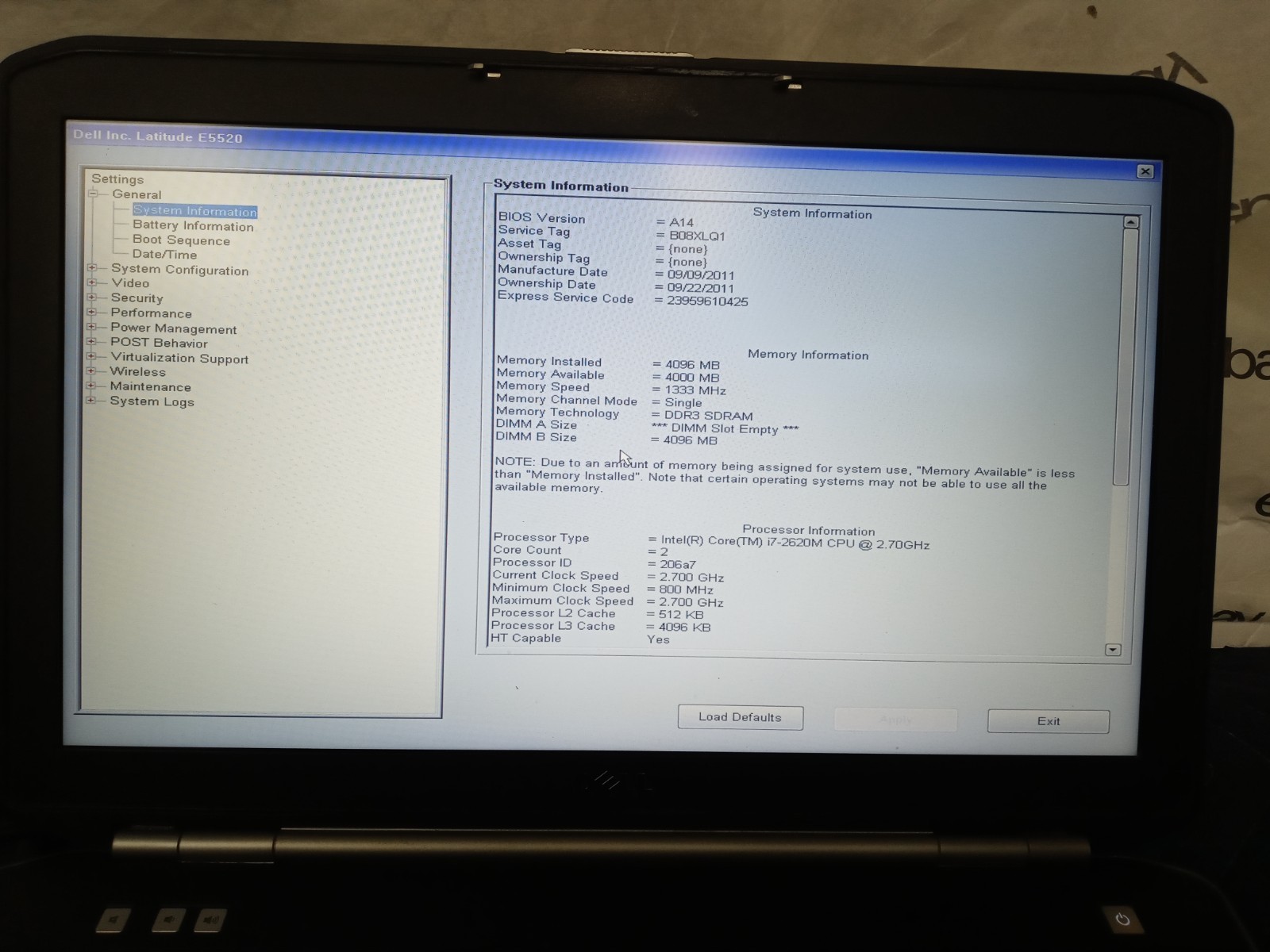 Dell Latitude E5520 i7-2620M CPU@2.7GHz 4GB RAM 0 GB HDD NoOS NO AC-ADAPTER
