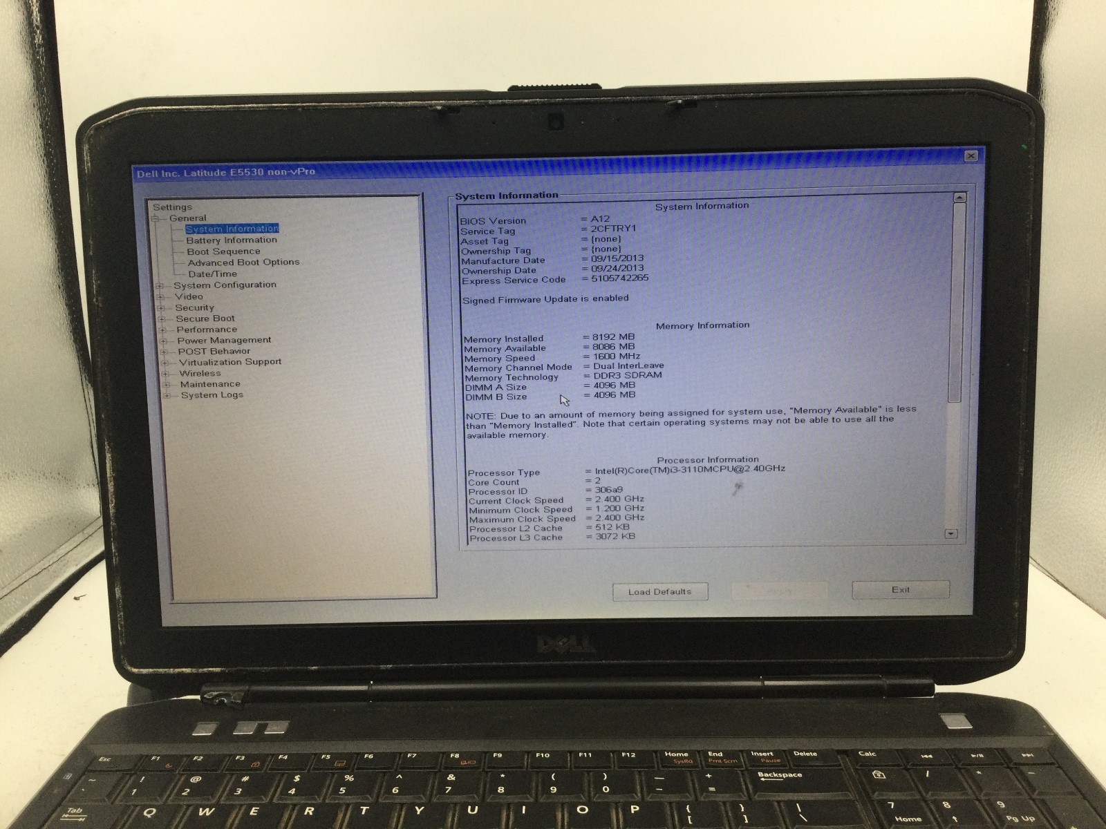 DELL LATITUDE E5530 – BOOTS TO BIOS – INTEL I3 3110 – 8GB RAM – 15″ – READ – BB