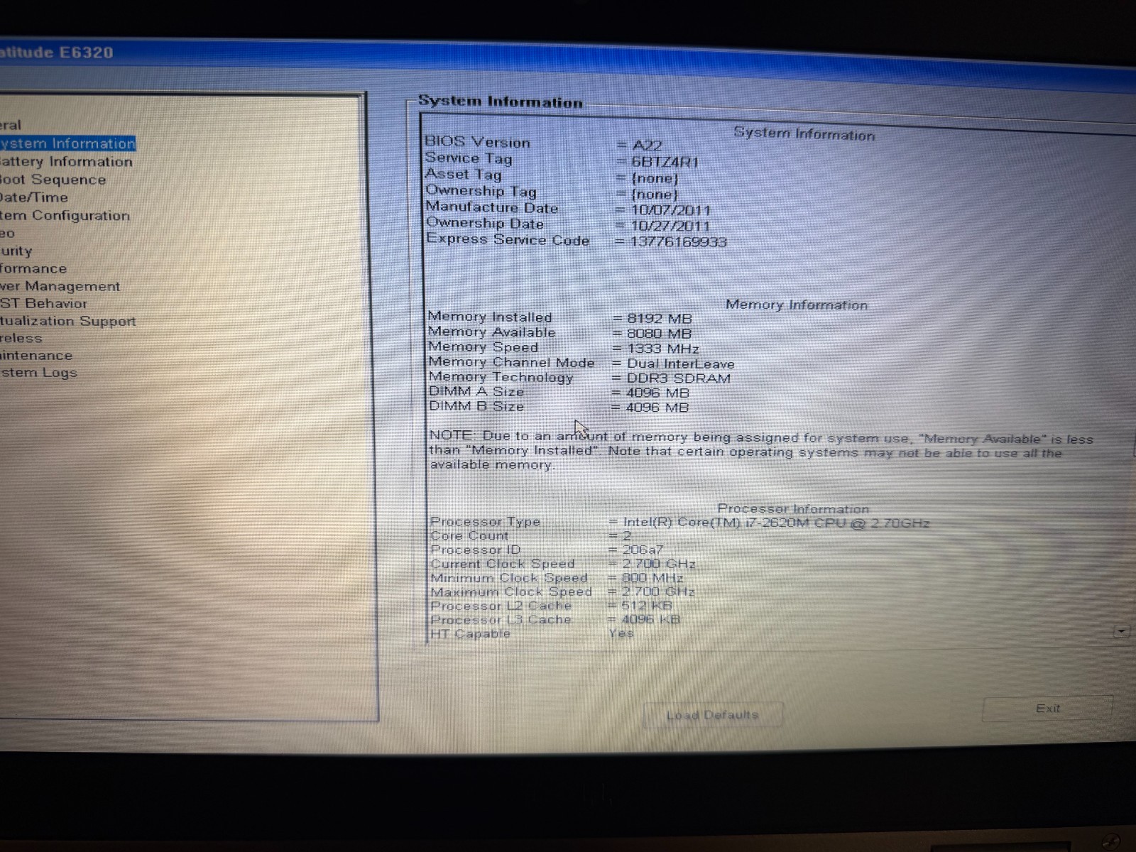 Dell Latitude E6320 i7-2620M 8GB No HDD – As Is