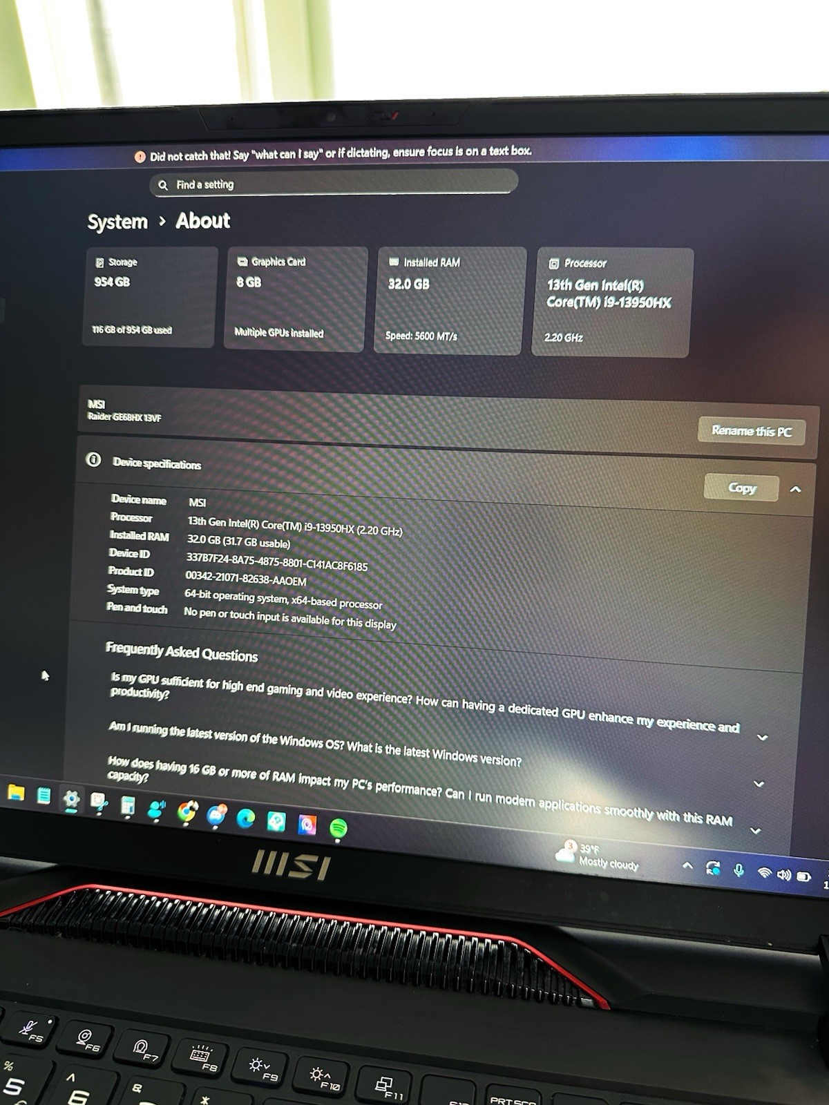 MSI Raider GE68 HX 13VF-062US Gaming Laptop 16″ Full HD+ 144Hz