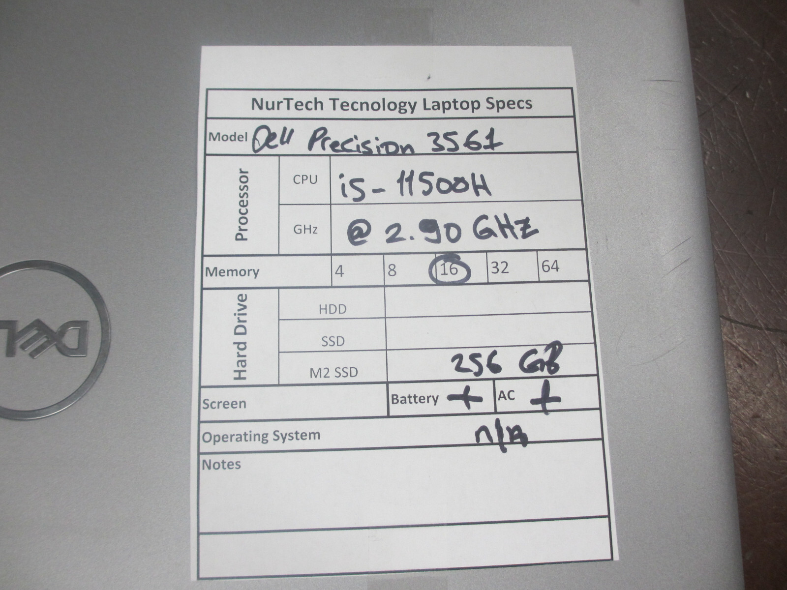 Dell Precision 3561 15.6″ 2.90GHz i5-11500H 16GB 256GB M2SSD Laptop + AC [NO OS]