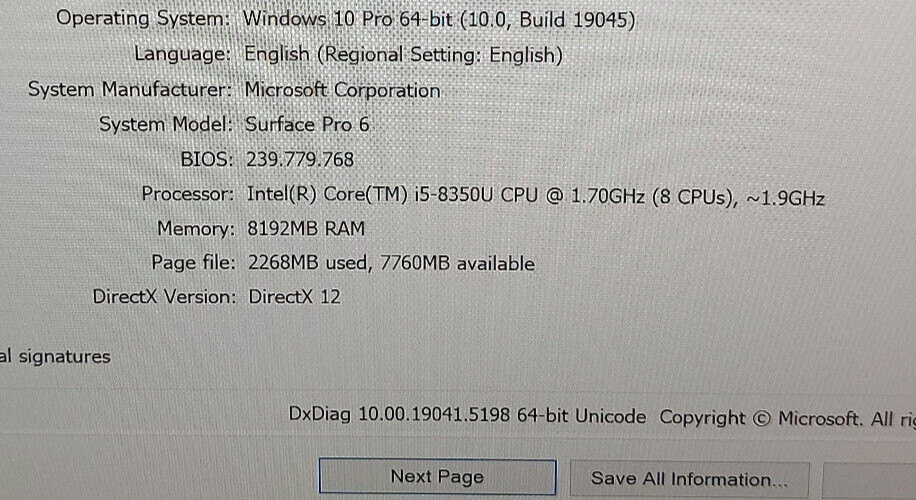 Microsoft Surface Pro 6 1796 i5-8350U 1.7GHz 128GB 8GB RAM w/ 127W Power Adapter