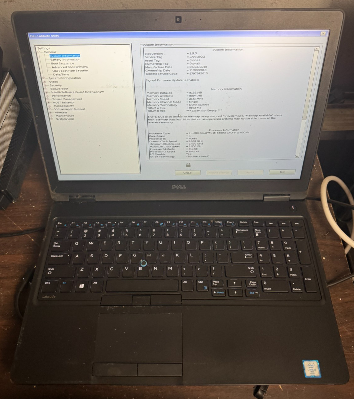 Dell Inc Latitude 5580 Core I5-6300 2.40GHz Laptop For Parts/Repair #5445