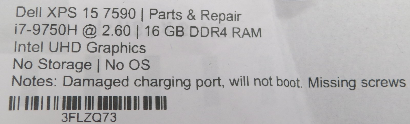 Dell XPS 15 7590 | i7-9750H @ 2.60GHz | 16GB RAM | No HDD/OS *PARTS