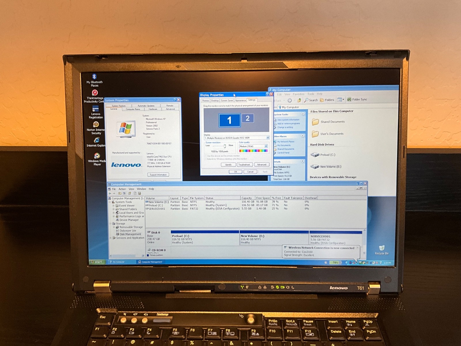 Lenovo ThinkPad T61 15 Inch Windows XP 4GB 256GB SSD Nvidia 140m Core 2 T7800
