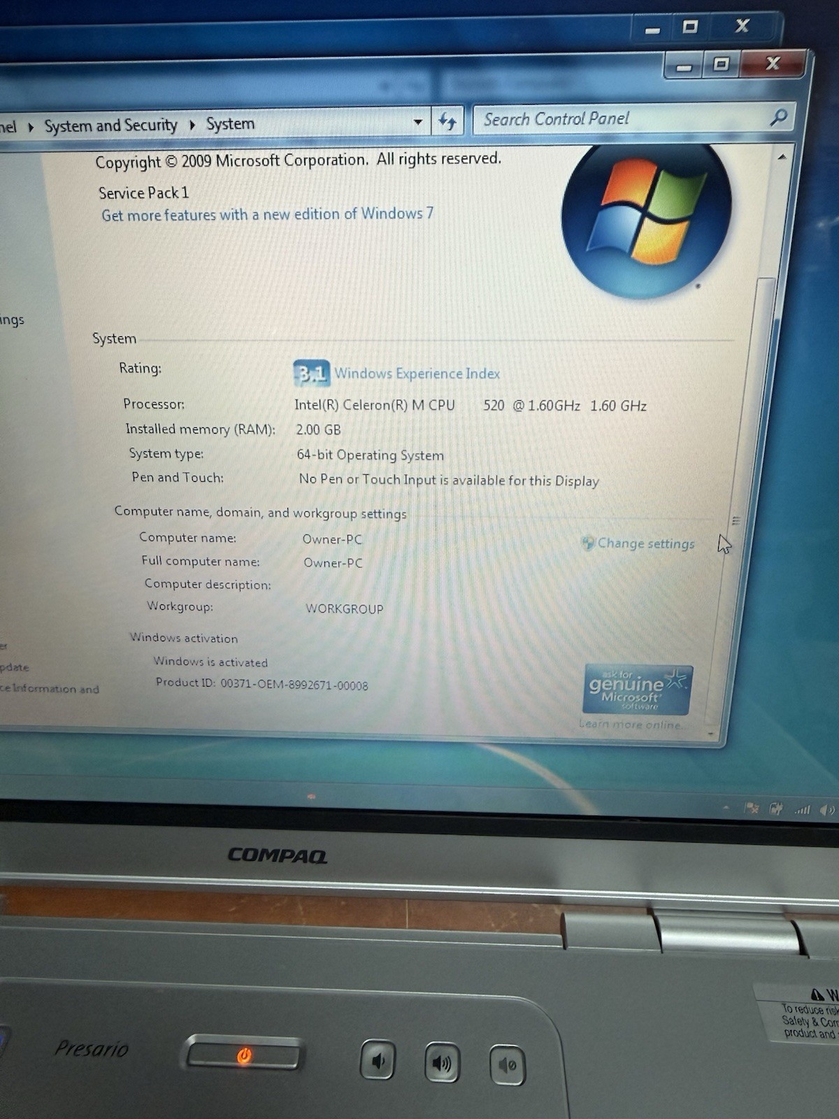Compaq Presario C500 15.4″ Windows 7- 250HDD 1.60GHz 2GB DVDRW Vintage Retro